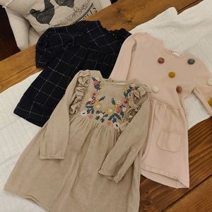 Zara Navy Check Dress, Beige Embroidered Dress & Light Pink Pom-Pom Dress